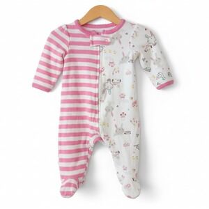 VTG Y2K Baby Romper Infant One Piece Size Newborn Pink White Stripe Bunnies